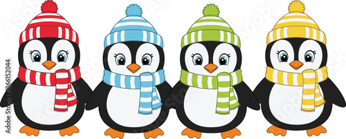 Cute winter penguin cartoon vector set with colorful hats scarves and smiling holiday characters