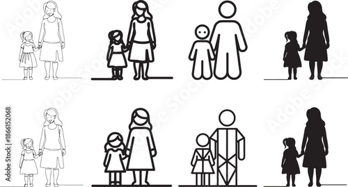 Mother and Daughter Holding Hands Icon Set in Outline Filled and Minimal Styles for Family Love Concept Design