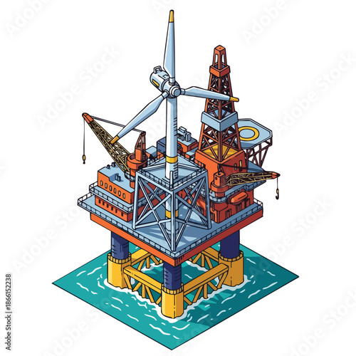 Offshore platform combines wind turbine and oil rig for renewable energy and fossil fuel extraction.
