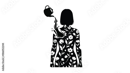 Creative silhouette woman pouring floral growth into herself, symbolizing self-care and inner beauty.