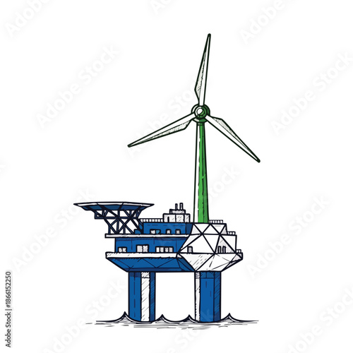 Illustration of an offshore wind turbine platform generating clean energy in the ocean with a sketch art style.