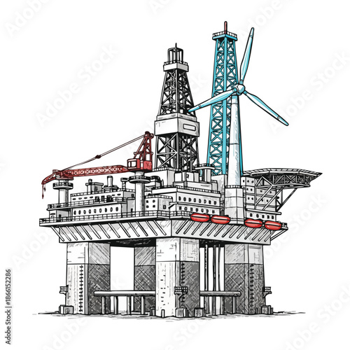 A detailed sketch of an offshore oil rig integrated with a wind turbine, symbolizing energy transition and industry.