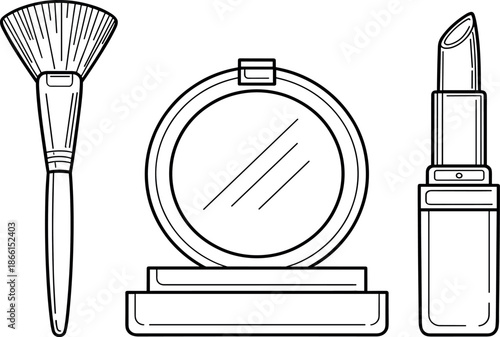 Beauty makeup set with cosmetic brush compact mirror and lipstick line art