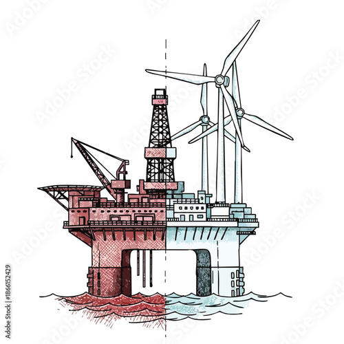 Illustration of an offshore oil rig transitioning to a wind farm, symbolizing energy transition and renewable power.