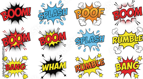 Comic, sound, effects, set, boom, bang, splash, poof, wham, rumble, pop, art, cartoon, explosion, colorful, vector, illustration, speech, bubble, collection