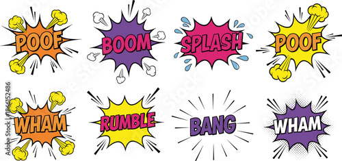 Comic, sound, effects, set, pop, art, boom, bang, splash, poof, wham, rumble, explosion, speech, bubble, cartoon, colorful, vector, illustration, collection