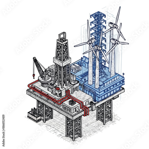 Offshore energy platform combines oil drilling rig with wind turbines for sustainable power generation.