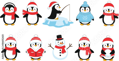 Cute winter penguin cartoon vector set with snowman fishing scarves hats and holiday characters