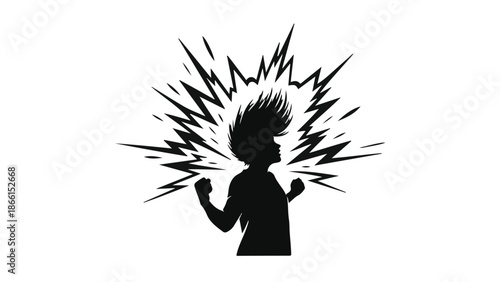Silhouette of a child with spiky hair and fists clenched, surrounded by an explosion of jagged lines symbolizing energy, anger, or excitement.