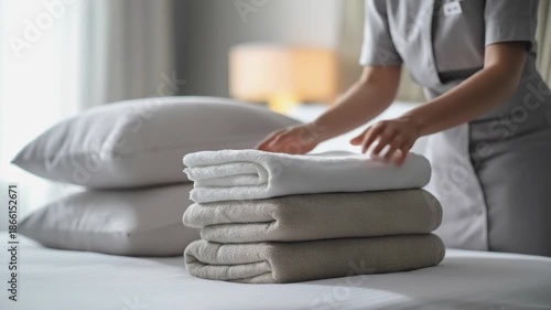 Close-up of hotel maid's hands neatly stacking fresh white and beige towels on bed. Concept of high-quality room service, hospitality and professional housekeeping