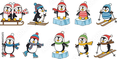 Cute winter penguin cartoon vector set with skiing skating sledding holiday activity characters