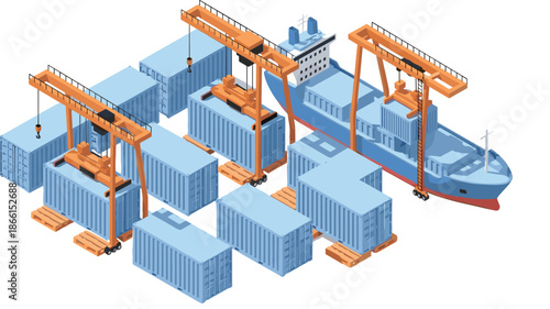 Isometric, cargo, port, illustration, container, ship, crane, logistics, shipping, freight, harbor, export, import, supply, chain, transportation, industry, vector, design, concept