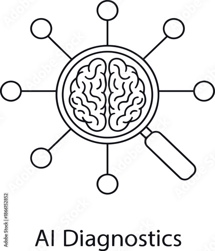 AI diagnostics illustration with human brain magnifying glass and network nodes
