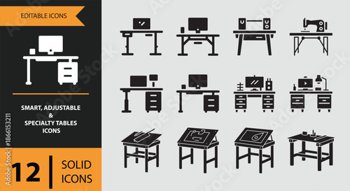 Smart, adjustable, and specialty tables solid icons set for diverse workstations and creative tasks