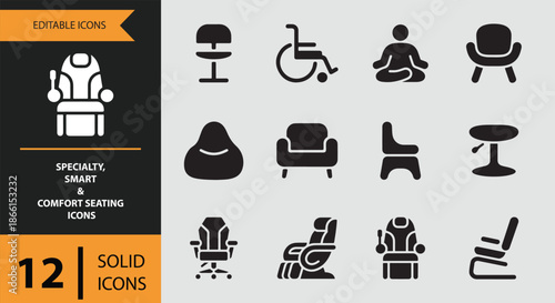 Collection of specialty, smart, and comfort seating icons for various applications