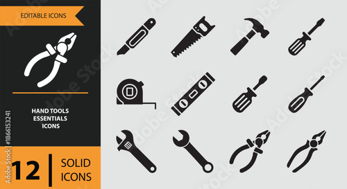Essential collection of hand tool solid icons for various repair and construction tasks