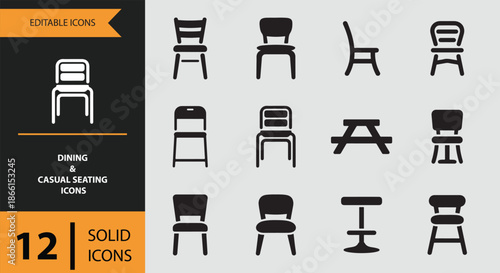 A collection of 12 editable solid icons for dining and casual seating arrangements