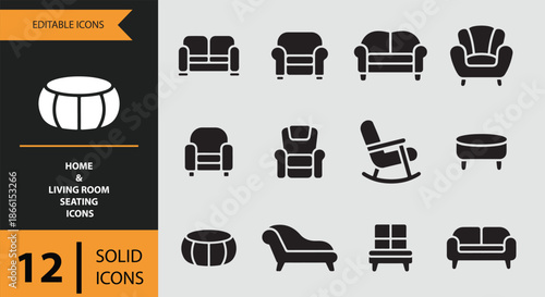 Collection of home and living room seating furniture solid icons set