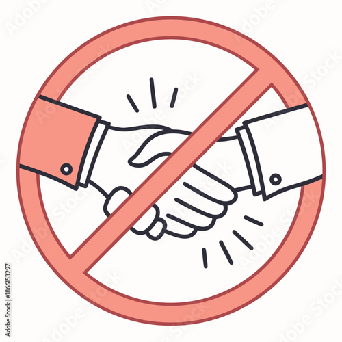 A red prohibition symbol overlays two hands shaking, signaling a "no handshake" policy likely promoting hygiene or safety by discouraging physical contact.