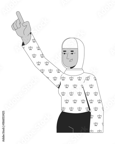Empowered muslim woman in hijab raising finger 2D line character. Cultural strength. Arab religious identity. Modern muslimah isolated vector ink outline person. Monochromatic spot illustration