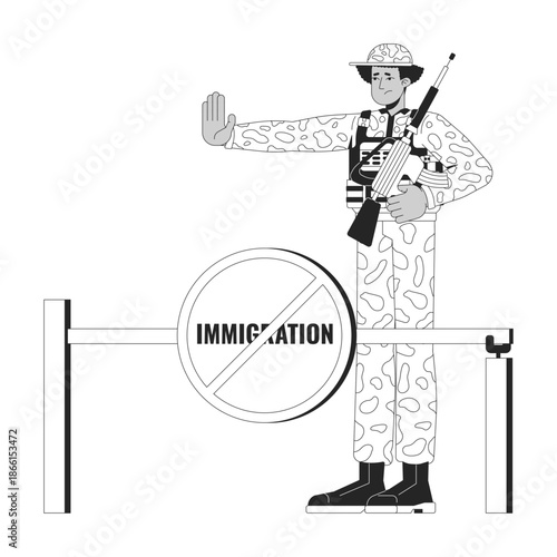 Armed soldier stopping immigration at border 2D line character. No entry. Military guard sad latino man at security checkpoint isolated vector ink outline person. Monochromatic spot illustration