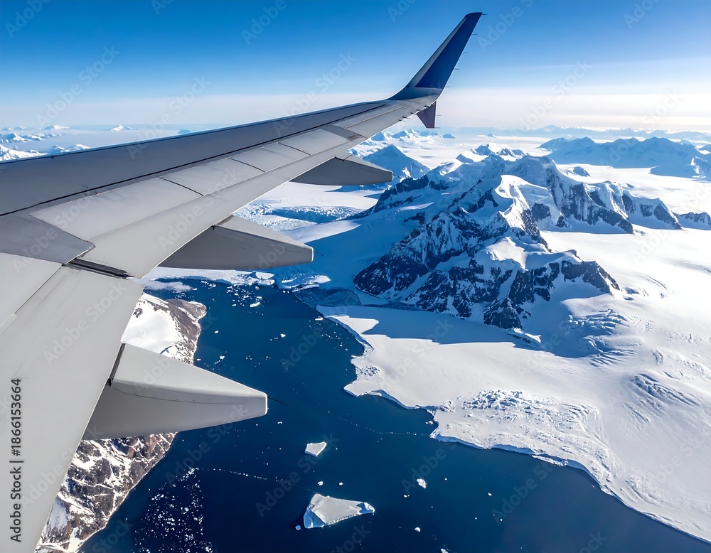 Obraz premium Aerial view of a plane wing over icy mountains