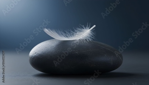 A delicate white feather rests on a smooth black stone in a serene indoor setting with a dark background.