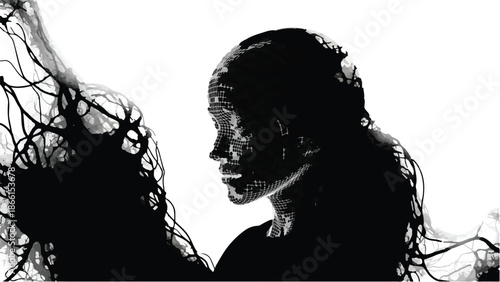 Introspective silhouette of a person with dark abstract elements flowing around their head, conveying emotion or thought.