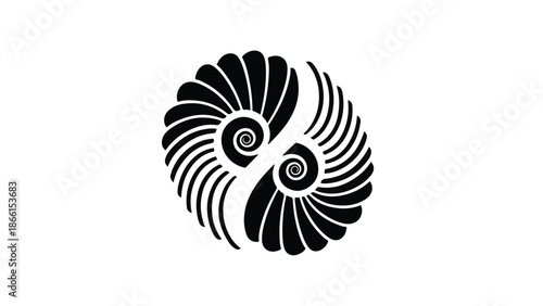 Elegant black and white yin yang symbol with nautilus shell design