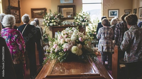 Mourners gathering in an indoor setting, grieving and remembering a loved one during a somber funeral service, with a wooden casket adorned with floral arrangements resting in the foreground