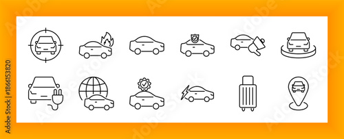 Electric vehicle icon set. Cars with electric plugs, flames, GPS, speed, power icons, and luggage symbols shown in minimal outlines to depict electric mobility, charging, and car tech.