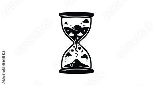Whimsical hourglass filled with miniature landscapes and celestial elements symbolizes the passage of time.