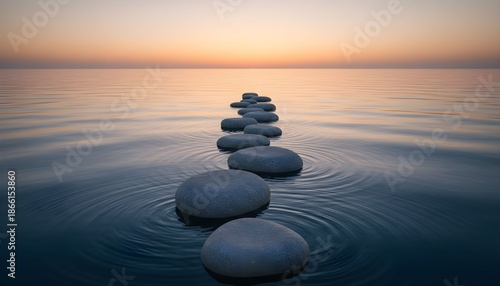 A serene sunset scene with stacked stones in calm water creating ripples at dusk.