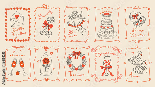Fotografi Vintage Hand Drawn Valentine's Day Card Set-Coquette Aesthetic Templates with Hearts, and Bows for Posters, Banners, Branding, and Sale Labels