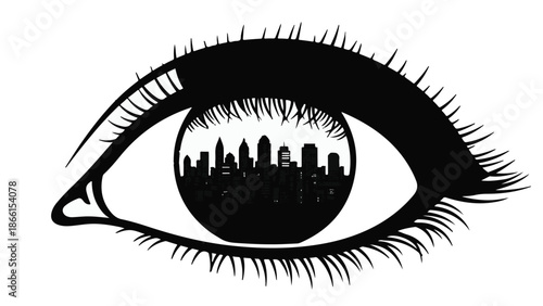A stylized eye reflecting a city skyline, symbolizing perception and urban life.