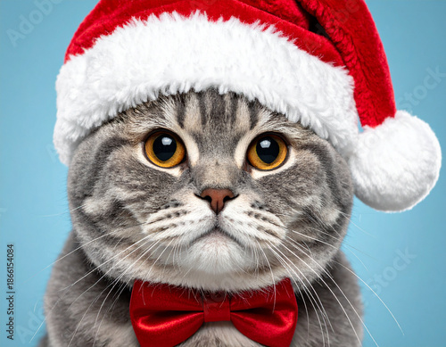 Close-up portrait of a fluffy, cute British Shorthair cat wearing a festive red Santa hat and bow tie, ready for Christmas celebrations