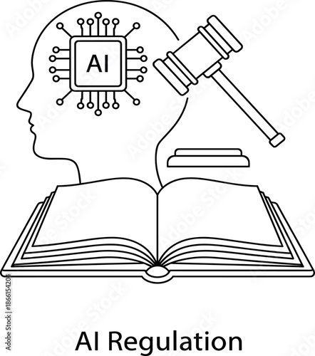 AI regulation illustration with human head artificial intelligence chip and judge gavel