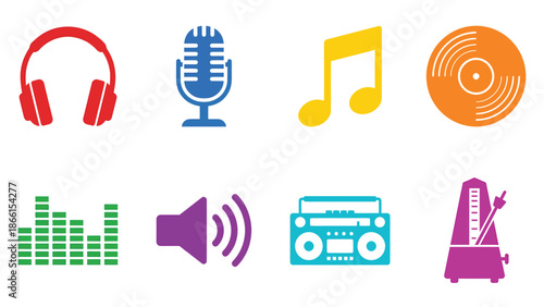 Colorful Music Icons Set Featuring Headphones, Microphone, and Musical Notes