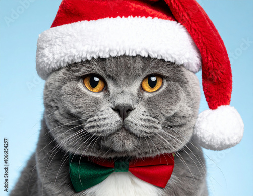 Adorable British Shorthair cat in festive Christmas hat and bowtie, close-up portrait