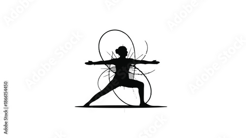Silhouette of a woman in a warrior yoga pose with flowing lines symbolizing energy and movement.