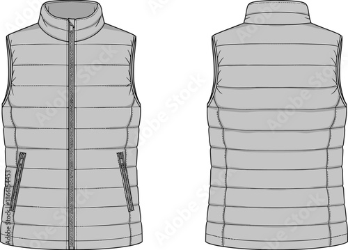 Sleeveless padded vest illustration, quilted jacket front back view, insulated outerwear design, modern winter apparel concept, minimalist clothing template, technical fashion sketch