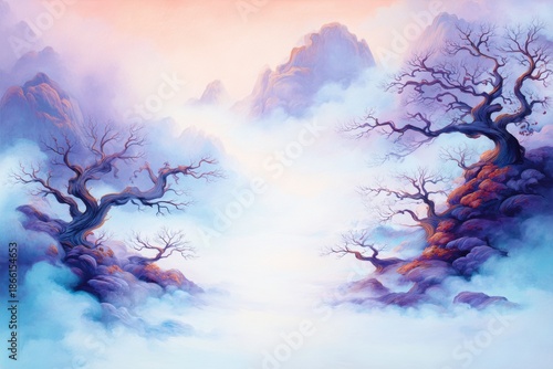 Mountain Vista in Misty Haze: A tranquil landscape presents rugged mountains and barren trees engulfed in a dreamy, soft haze. The ethereal scene creates a mystical, otherworldly feel.