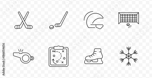 Ice hockey set icon. Line icons showing crossed sticks, puck, stick swing, helmet, goal net, whistle, strategy board, ice skate, and snowflake