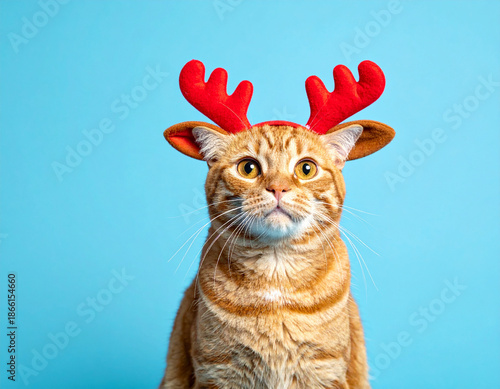 Photorealistic portrait of an adorable ginger cat wearing festive red reindeer antlers, looking curiously upwards against a vibrant blue background, embodying playful holiday charm