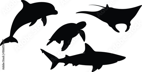 Marine animal silhouette vector set with dolphin shark manta ray and sea turtle ocean wildlife