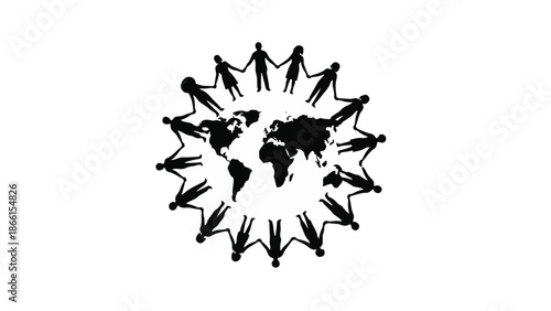 Diverse people holding hands in a circle around a stylized world map, symbolizing unity and global connection.