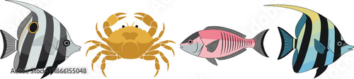 Marine animals cartoon vector set with tropical fish and crab isolated on white background illustration