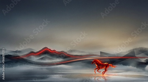 Vibrant Fire Horse Running Freely in a Serene Landscape during 2026 Chinese New Year Celebration Illustration
