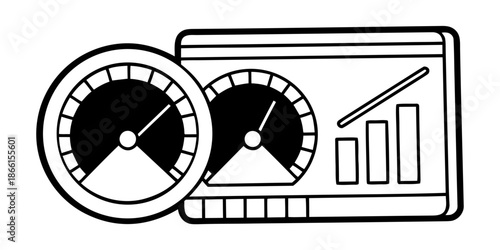 Real-Time Analytics Icon with Speed Gauge and Data Graph – Minimalist Tech Outline Vector
