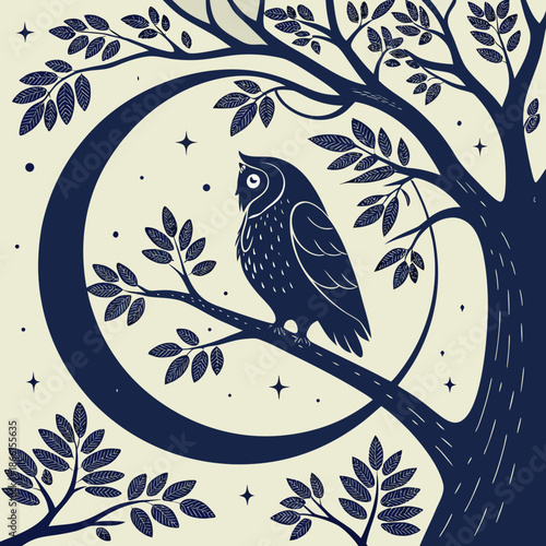 Mystical Vector Illustration of an Owl Perched on a Tree Branch Under a Glowing Crescent Moon, Night Wildlife Concept
